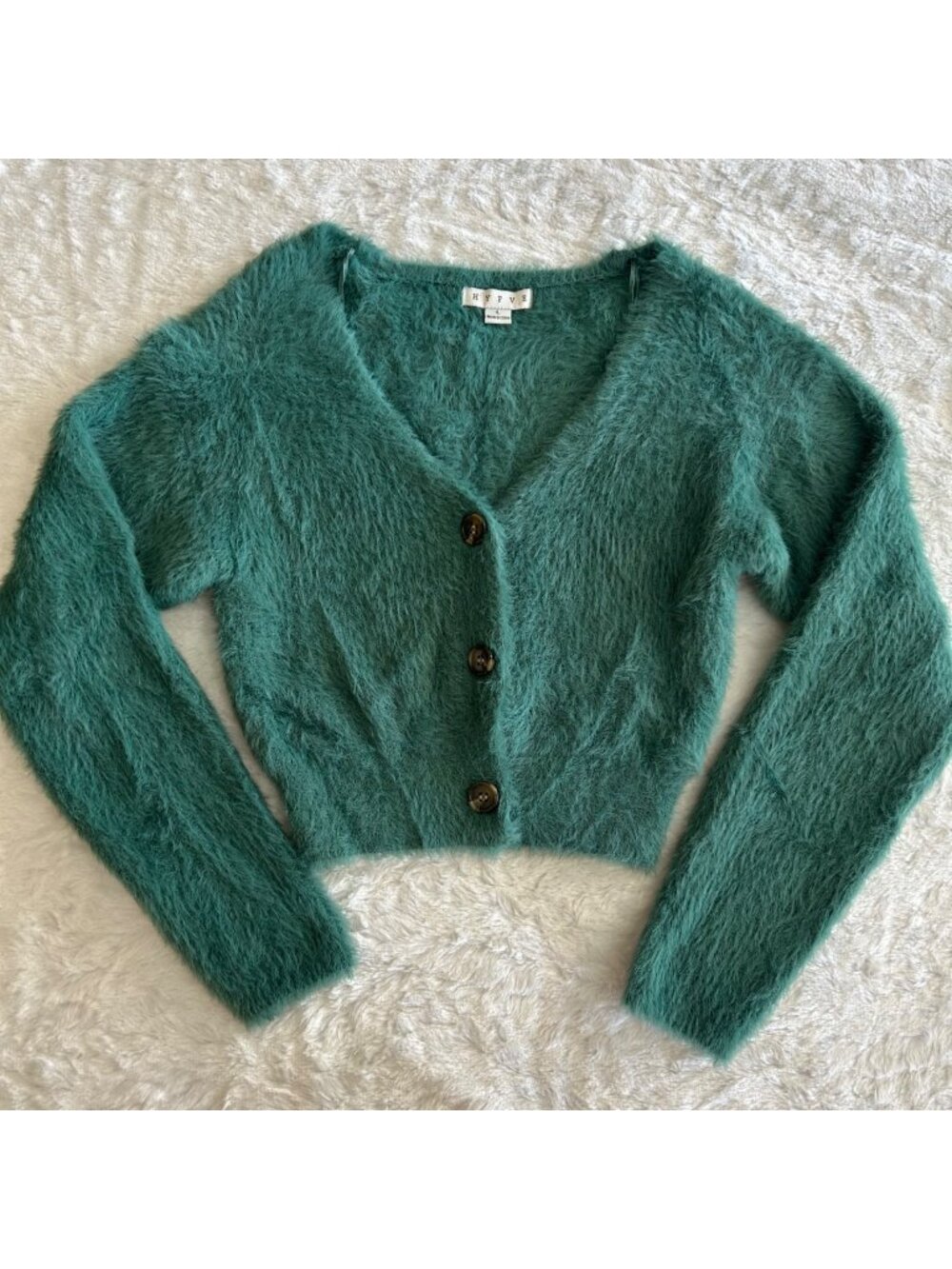 Whimsical Green Fuzzy Eyelash Knit Cropped Cardigan Sweater - Large